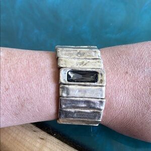 Silver Wearable cuff bracelet elastic with blue grey rhinestone